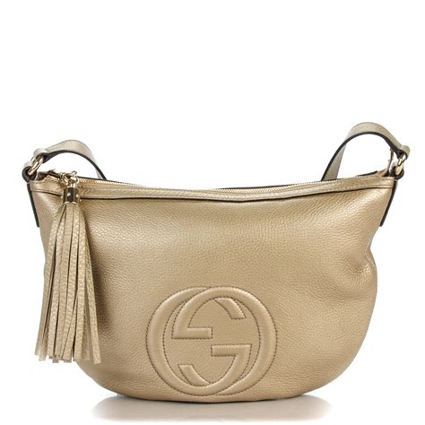 GUCCI Metallic Pebbled Calfskin Small Soho Hobo Golden Beige 